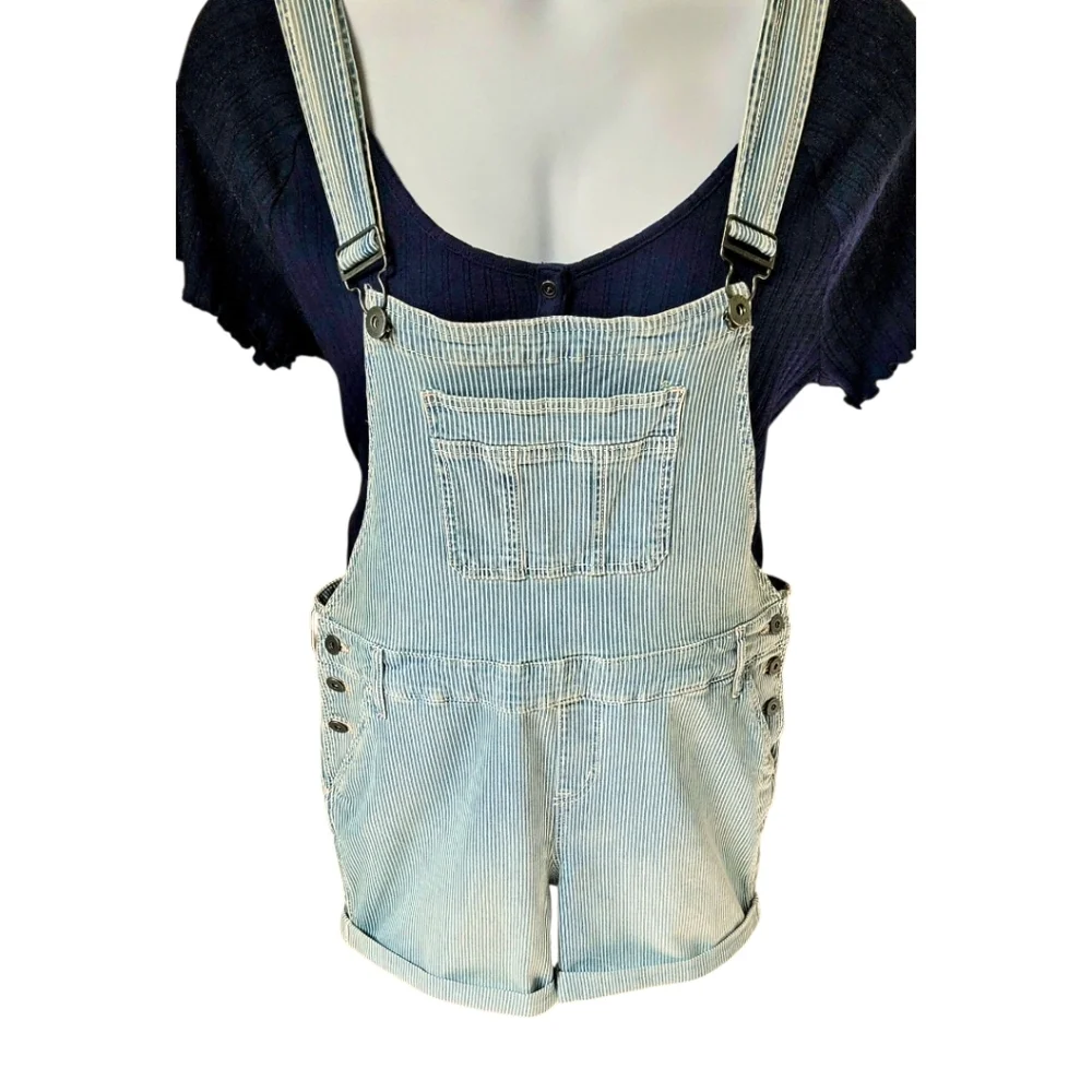 Torrid Size 18 Light Blue Denim Railroad Stripe Overall Shorts  with Pockets NWT - Picture 2 of 16